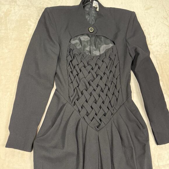 VTG BRUCE OLDFIELD Black Sheath Midi Dress Smocked Wool Size US 8 UK 10 England - Picture 2 of 11